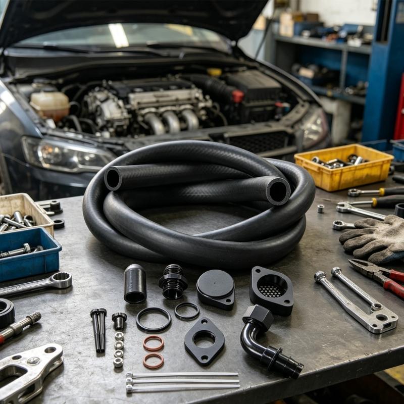 6.7L Maintenance Engine Ventilation Kit with Flexible Hose, Black Finished Metal Adapters, Sealing Hardware and Installation Parts