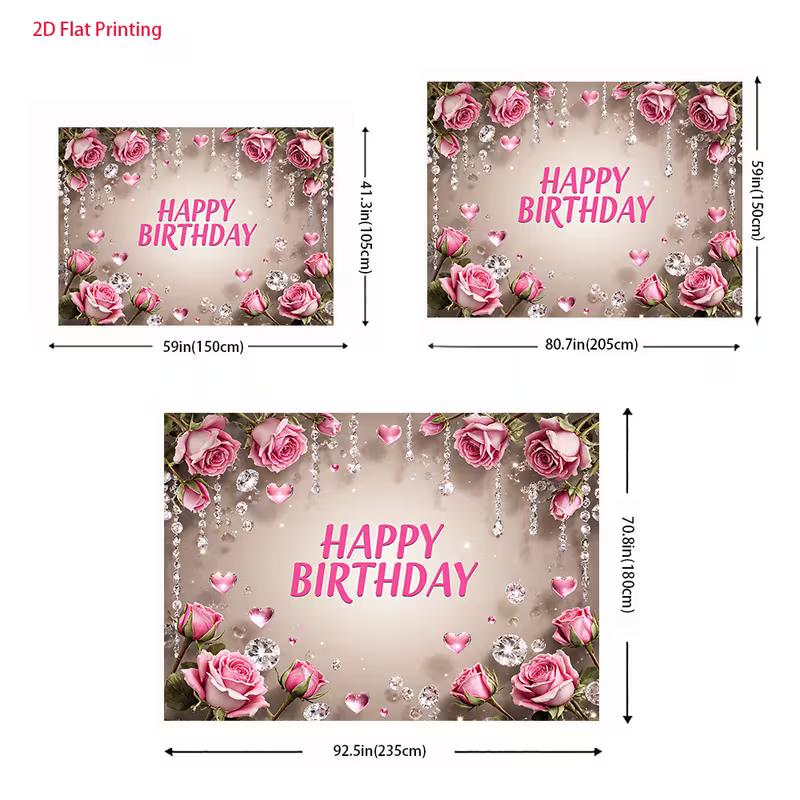 2D Rose Crystal Happy Birthday Backdrop Elegant Floral Birthday Background for Women