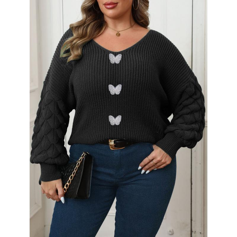 

Женский свитер большого размера с рукавами-ананасами, пэчворк, с глубоким V-вырезом, вязаная базовая рубашка, пуловер с 3D кружевом и пэчворком в виде бабочки 3XL чёрный