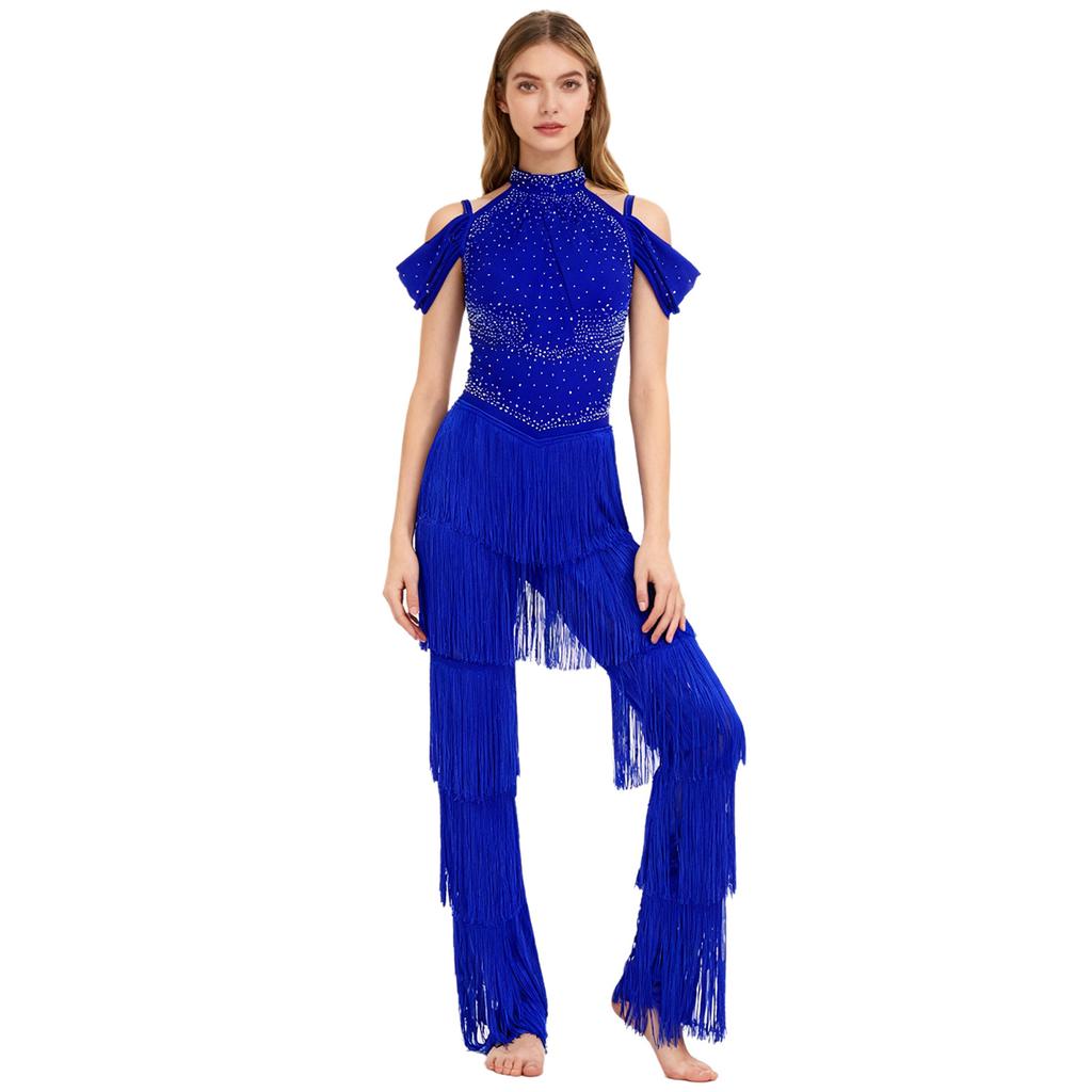 Damen Latein-Tanzparty Jumpsuit S-XXL: Halter Off-Shoulder rückenfreie Strampler mit Strasssteinen, mehrstufigen Quasten für Samba, Rumba, Gesellschaftstanz
