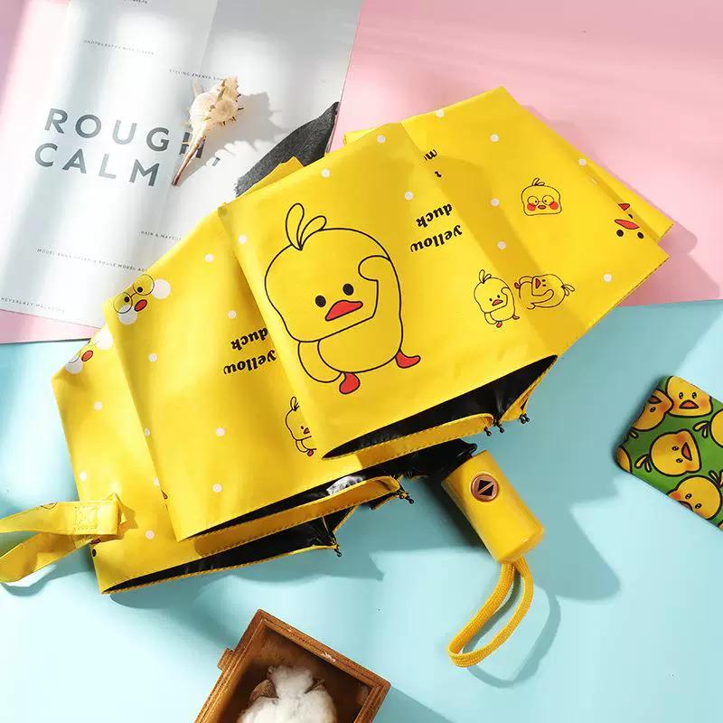 Cartoon Little Yellow Duck Umbrella with Logo Printing, Black Coating Sun Protection Folding Umbrella, Uv Protection Sun Umbrella