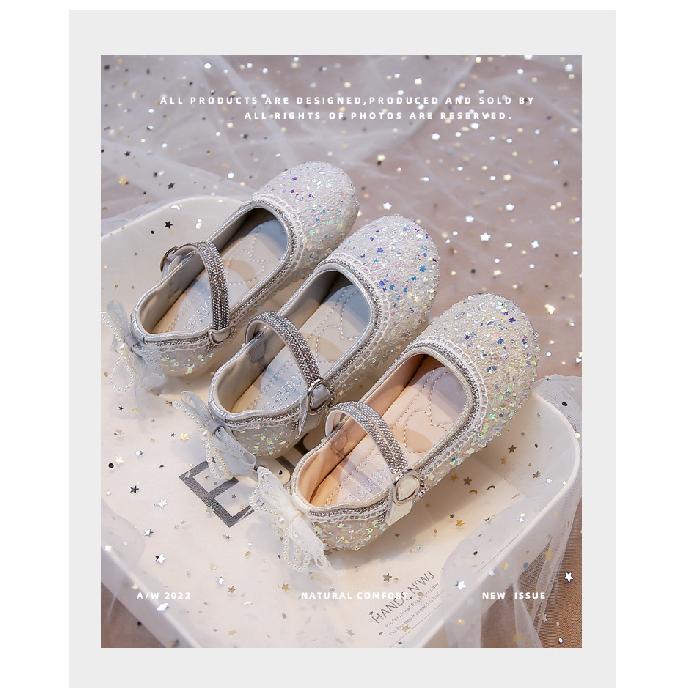 Girls' Rhinestone Sequin Crystal Princess Shoes2026Spring and Autumn Soft Sole Non-Slip Bowknot Solid Color Children's Performance Shoes