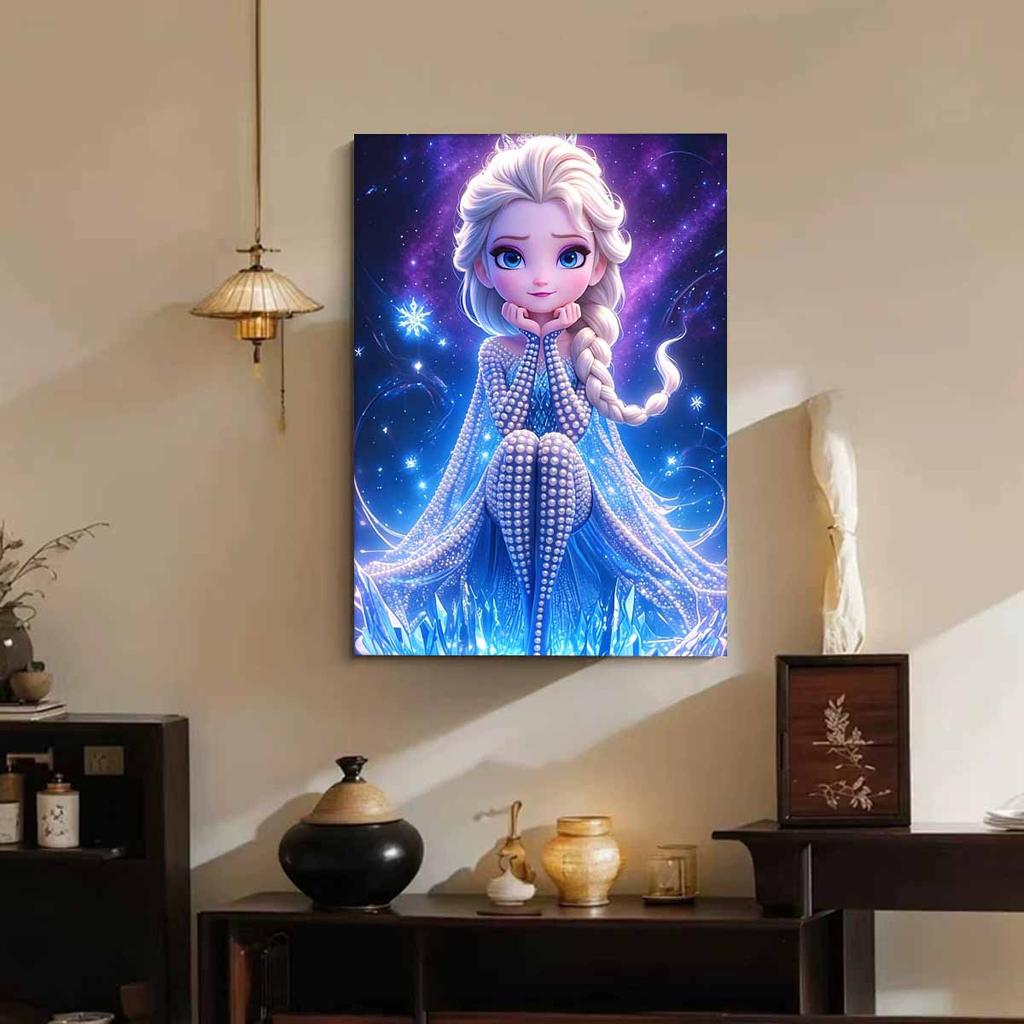 Chibi Starry Ice Elsa New Pearl-Inlaid Frameless Art | Handmade Pearl Craft, Dreamy Starry Ice Theme, for Cute Girly Frozen Style Home Decor