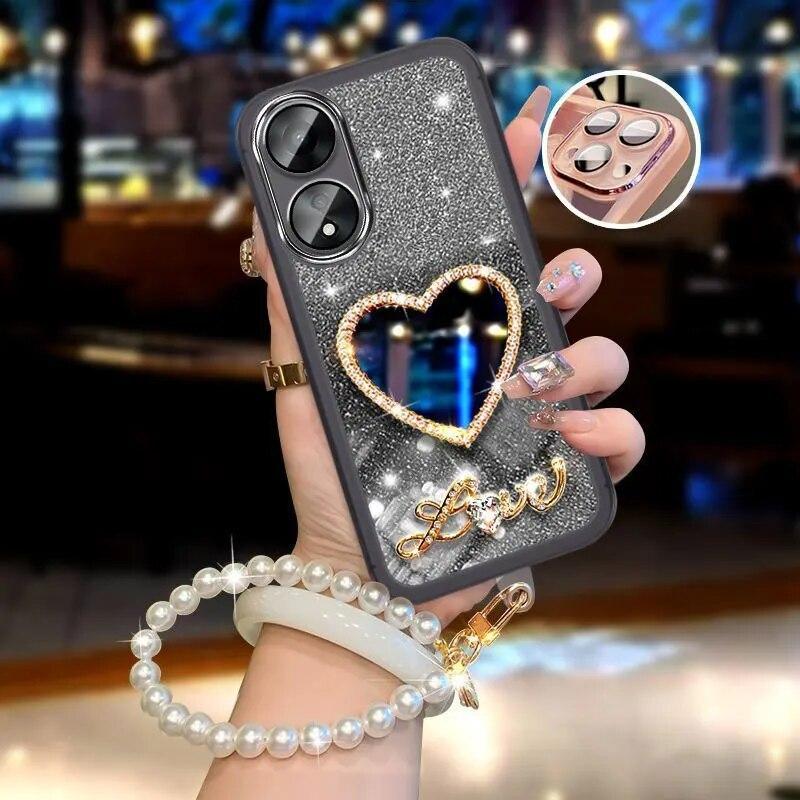 Luxusní perlové pouzdro na náramek pro OPPO A58 Realme 11 4G Reno11 7 10 Pro 7Z 8 Lite 5G A12 A5S Mirror Cover Lesklý třpytivý obal
