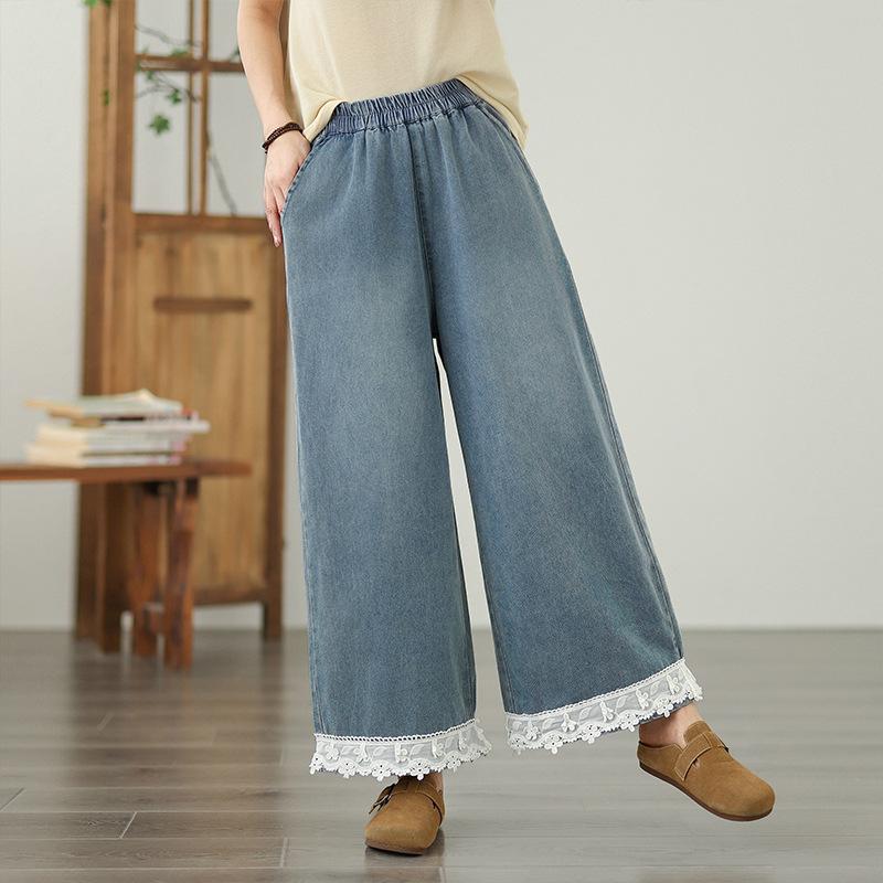 Lace Splicing Wide Leg Jeans Female Loose Plus Size Casual Straight Pants for Women Summer Denim Pants 2025