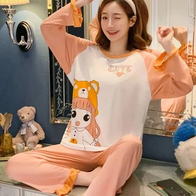 Pajamas Women's Spring Fall and Winter New Long-Sleeved Long Pants Simple Loose Round Neck Home Wear Large Size Suit Sleepwear