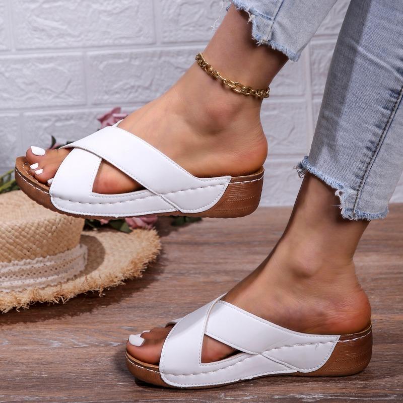 fashion 2024 Summer New Fashion Women's Open Toe Slippers Retro Shallow Mouth Slip-On Party Wedge Heel Women's Sandals Zapatos De Mujer