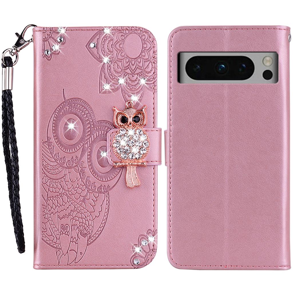 For Google Pixel 9 Pro XL Wallet Case Owl Flower Imprinted Rhinestone Leather Cover
