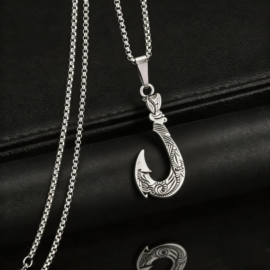 Men's Retro Fish Hook Pendant Necklace with Square Pearl Chain
