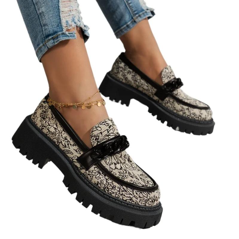 

Весенне-осенние новые туфли ле фу с принтом цепочки на толстой подошве, повседневные одинарные туфли, модные кожаные туфли, три цвета, женские туфли-лодочки 42