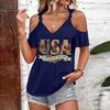 T-shirt décontracté pour femme à épaules dénudées et bretelles à nouer, col en V, manches courtes, haut d'été avec imprimé USA et coupe ample pour un usage quotidien