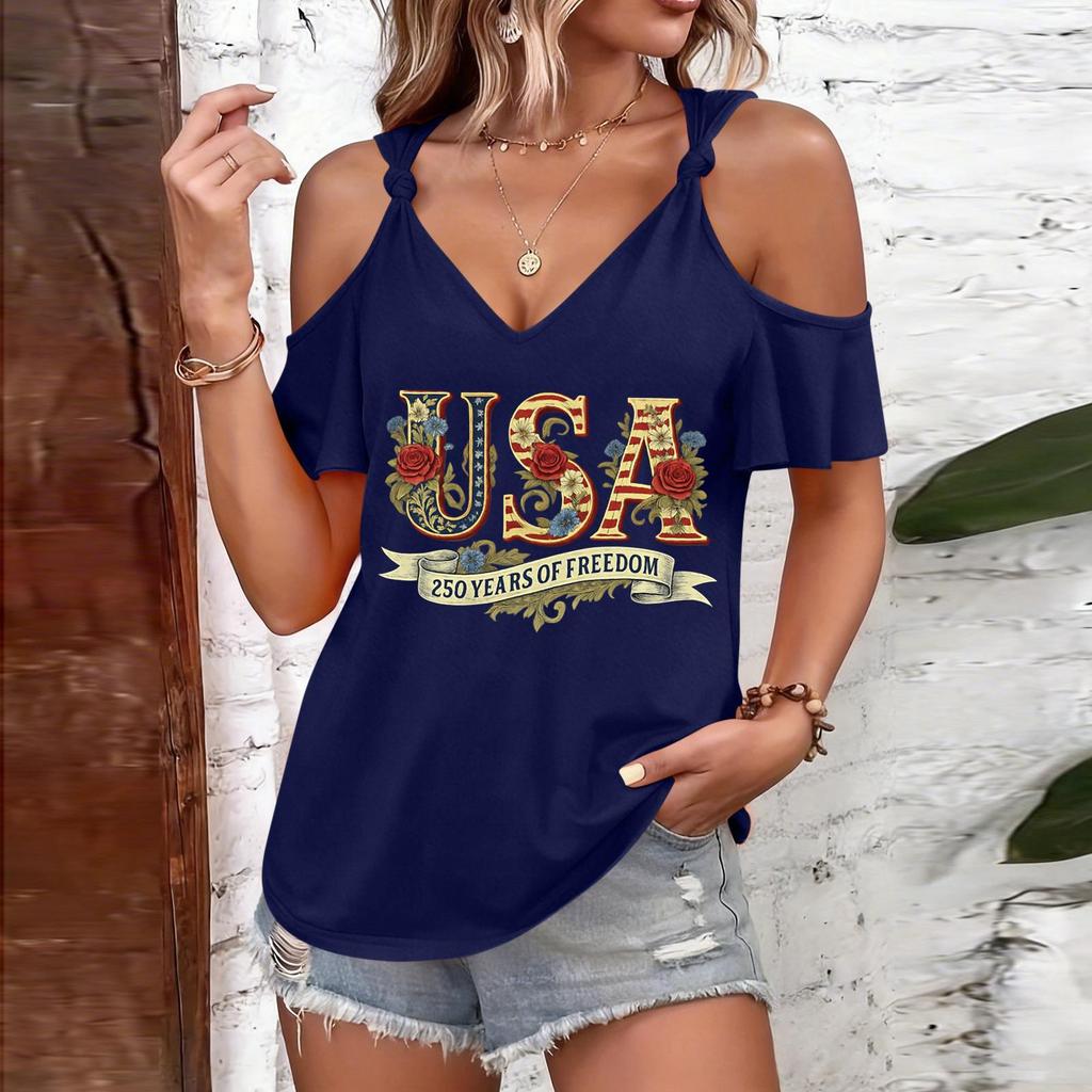 T-shirt décontracté pour femme à épaules dénudées et bretelles à nouer, col en V, manches courtes, haut d'été avec imprimé USA et coupe ample pour un usage quotidien