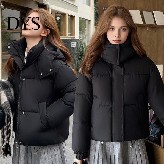 Short Cotton Jacket Winter Women Stand Collar with Hood Neck Protection Type Pockets Zipper Closure Padded Coat Solid Color Windproof Outwear Parka