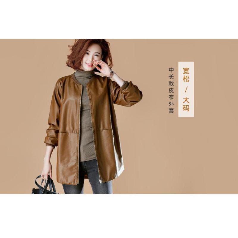 Damen S Mittellange Lockere Baseball-Stil PU-Leder Jacke Mantel