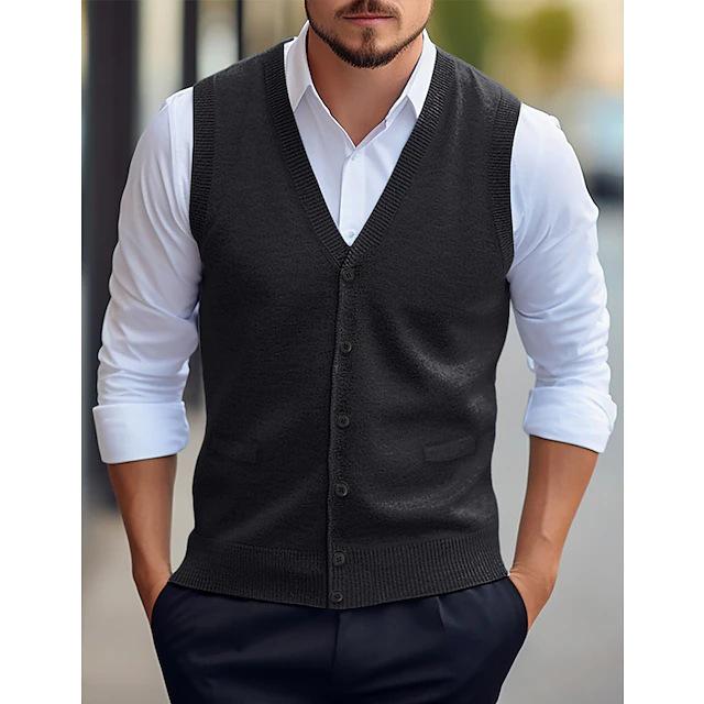 

Men s Four-Season Wool Knit Sleeveless Cardigan Vest – Solid Color XL