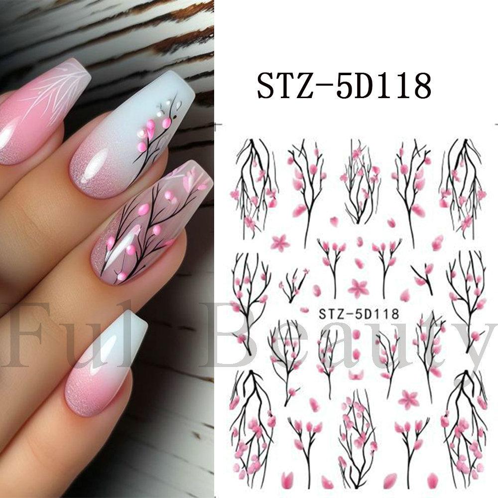 Nail Art Sticker, Relief 5D Three-Dimensional Spring Pink Cherry Blossom Small Flower Adhesive Nail Sticker