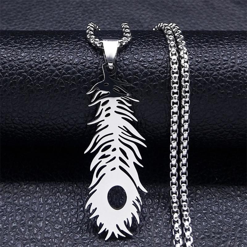 Boho Feather Pendant Male Necklace for Women Men Stainless Steel Silver Color Leaf Chain Jewelry Gift Collar Hombre N3393S01