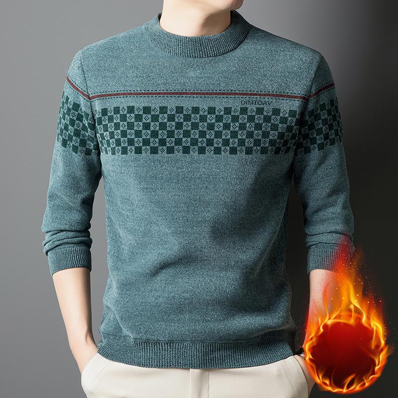 Men's Cozy Fleece-Lined Striped Sweater - Casual Round Neck Knit Pullover for Fall/Winter, Warm & Stylish