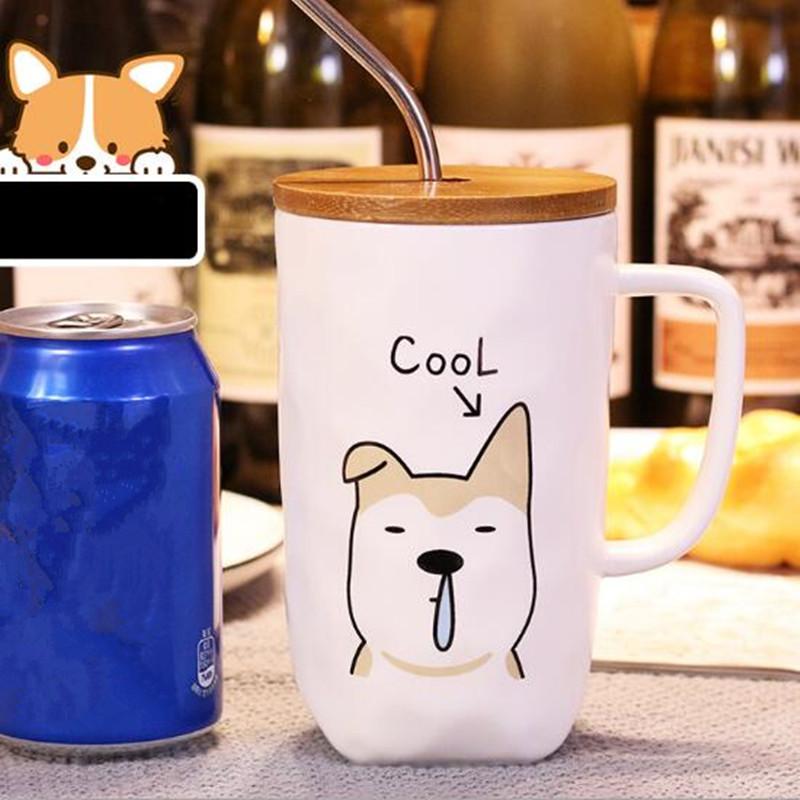 

600ml Ceramic Coffee Cup with Wooden Lid And Stainless Steel Straw Large Capacity Creative Dog Design Milk Tea Cup 600ml