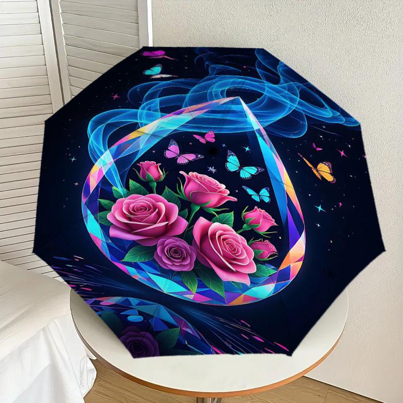 1pc Flowers Butterfly Automatic Open/Close Umbrella Compact Folding Umbrella with 8-Rib Shaft for Women/Men, Portable Travel Umbrella,1187S