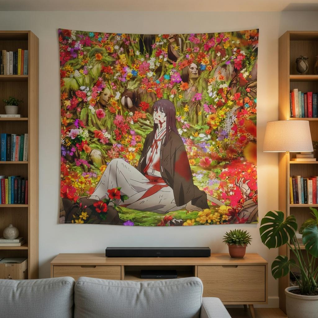 Anime Wall Tapestry Manga Floral Art Fabric Hanging Aesthetic Japanese Style Room Decor Poster For Bedroom Living Room Dorm
