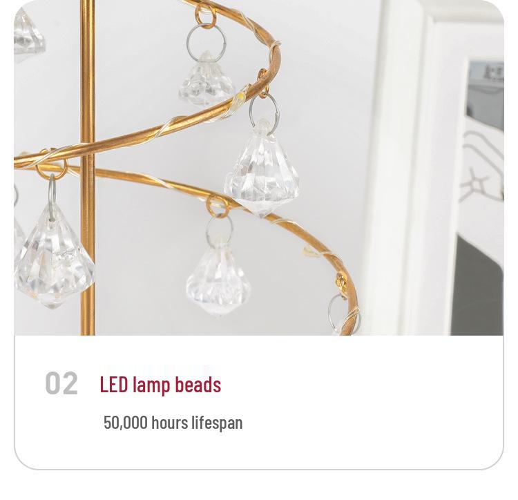 LED Crystal Christmas Tree Night Light - Elegant Iron Art Desk Lamp for Bedroom Ambiance