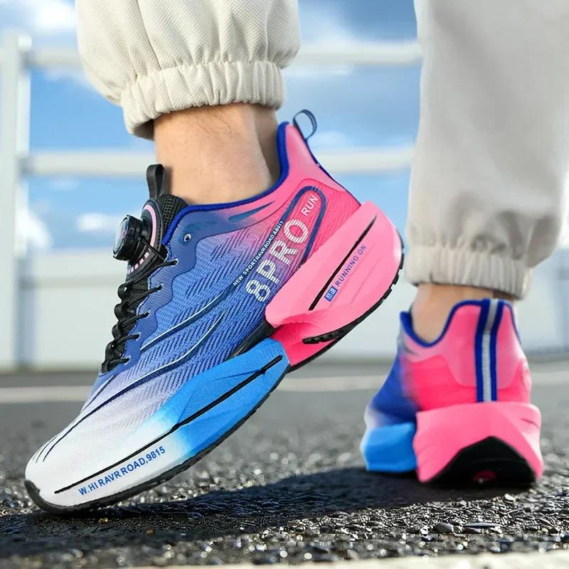 Marathon Carbon Plate Sports Running Shoes Men New Breathable Lightweight Mesh Sport Shoes Women Comfor Rotating Button Sneakers