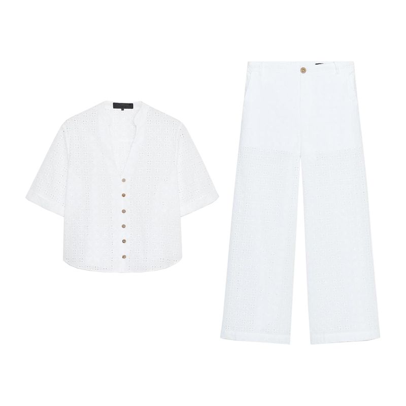 Summer New Cotton Cut Out Embroider Short Sleeve Shirt 2587076 High Waist Wide-Leg Casual Pants 2587077