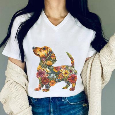Dachshund Lover Gift Unisexs Tee Shirt Floral Dachshund Graphic Tee Funny Dog Casual Tops Gift For Dog Mom Vneck Unisex Clothing