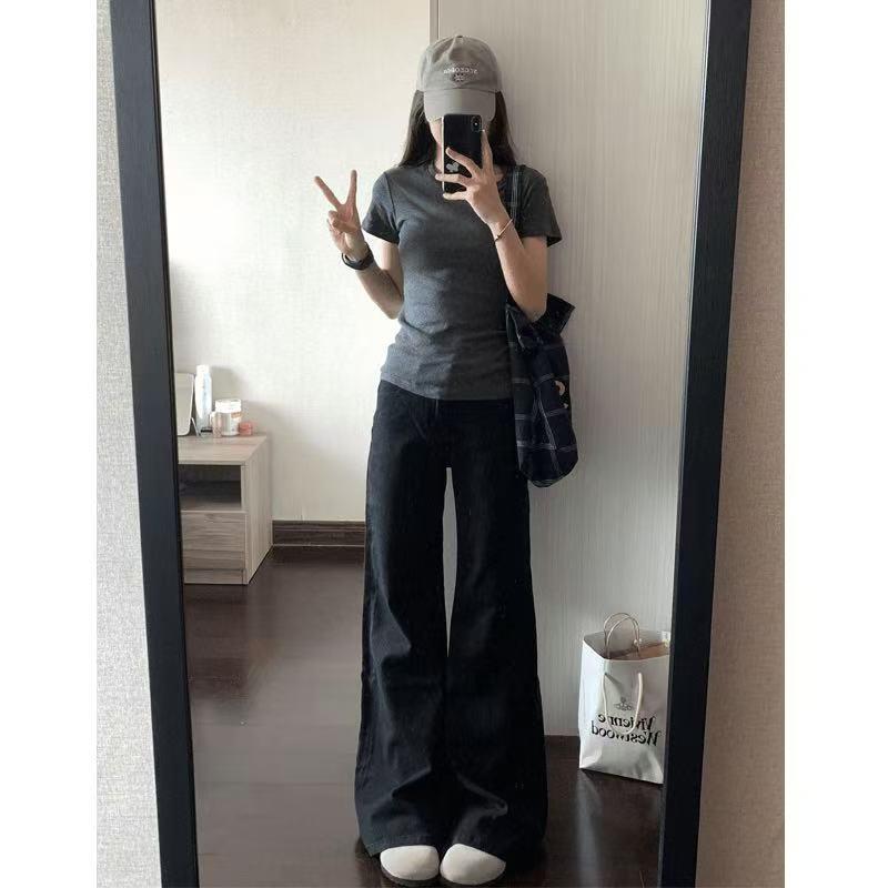 Women's American Style Low-Rise Black Micro-Flare Jeans - Loose, Slimming, Floor-Length Pants for Spring/Summer