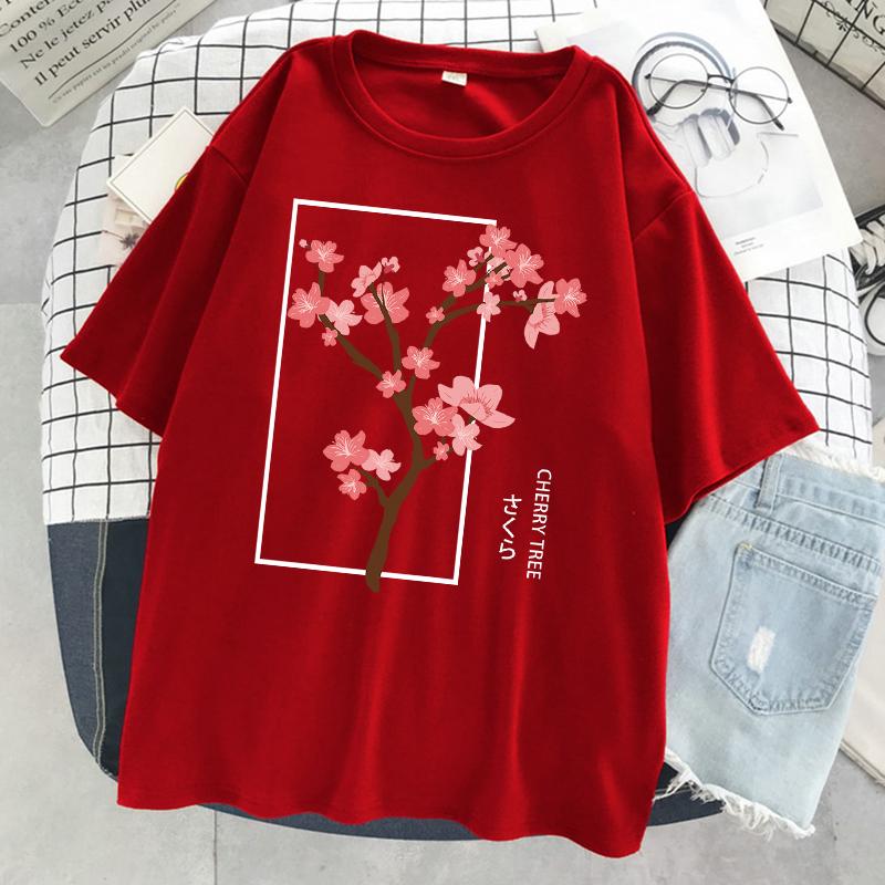 Cherry Tree In Full Bloom Printing Female Tshirt Street Breathable T Shirt Soft Fashion Short Sleeve Oversized Sport T Shirts