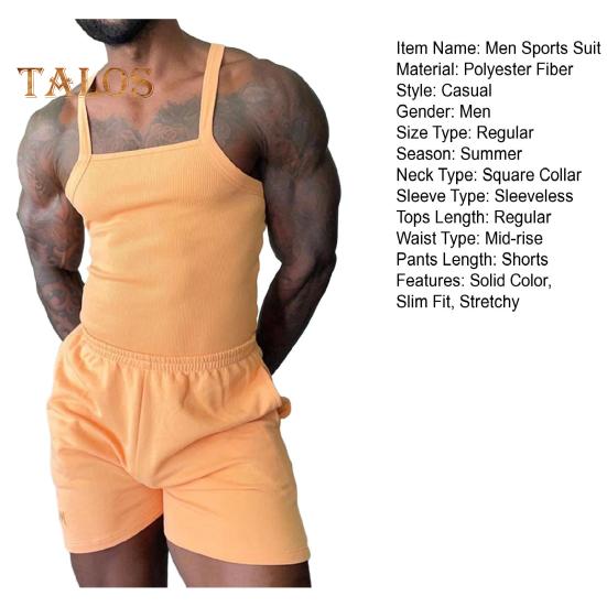 2Pcs/Set Men Sports Suit Solid Color Sling Casual Vest Elastic Waist Mid-rise Shorts Set Regular Style Tracksuit