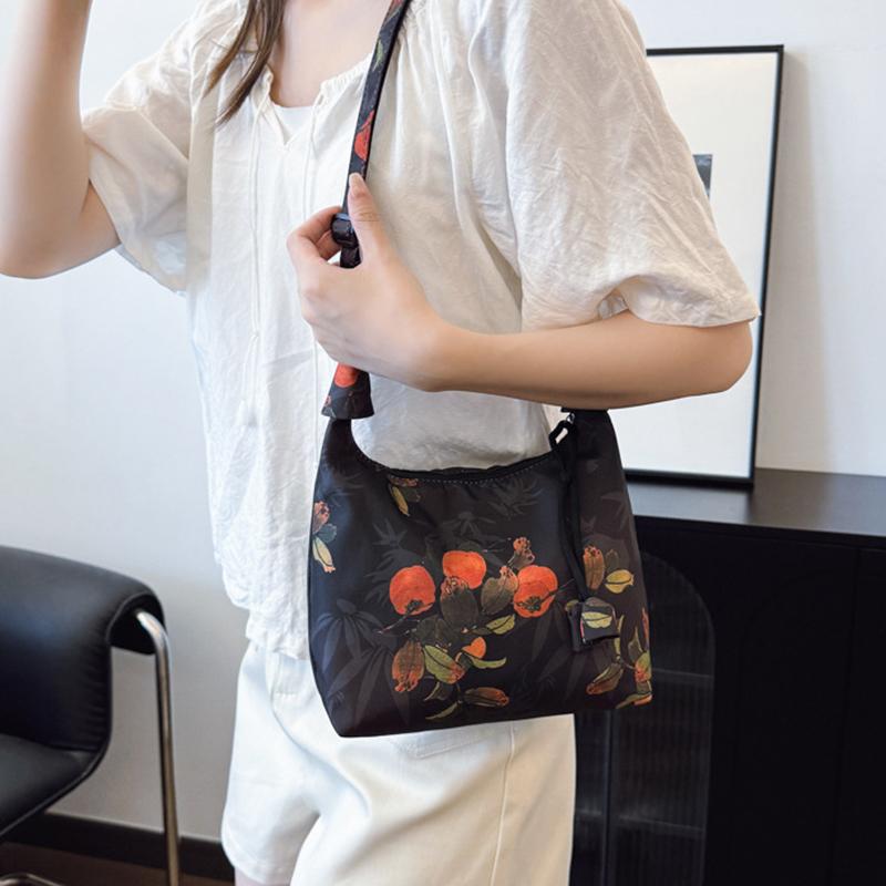 Yogodlns Retro Embroidery Crossbody Bags Adjustable Shoulder Straps Fashion Bucket Purses Small Satin Handbag