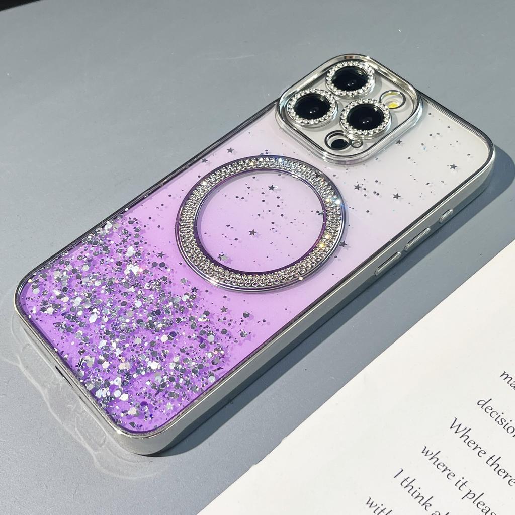 For iPhone 14 Pro Max Magnetic Case Glitter Shockproof TPU + PC Phone Cover Bling Rhinestone