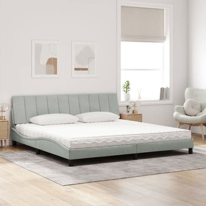 VidaXL Bed with Light Grey Mattress 200x200 Cm Velvet, Bedroom Furniture, Double Bed, Curved Bed Frame, 3208616