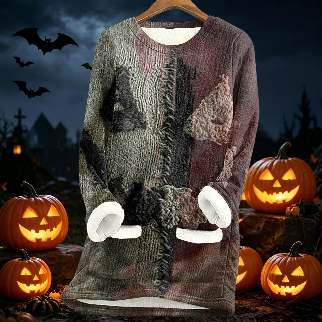 Womens Long Sleeve Fleece Lined Pullover Dress Halloween Pumpkin Print Thick Sherpa Sweatshirt Tunic for Fall Winter