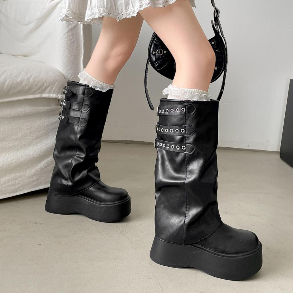 Black retro premium thick-soled heightening boots women's 2025 new summer versatile and thin trousers knight boots