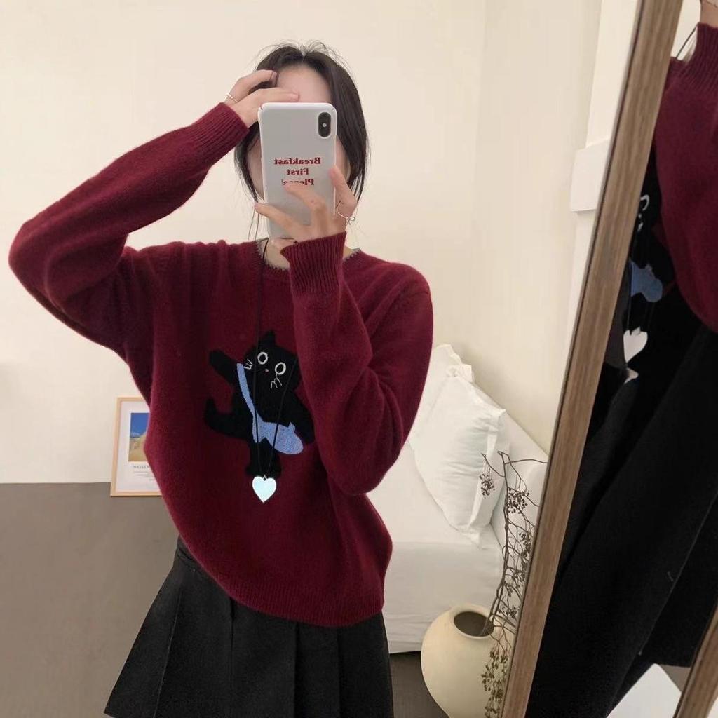 Korean Style Color Block Kitten Embroidered Pullover Sweater for Women, 2025 Design