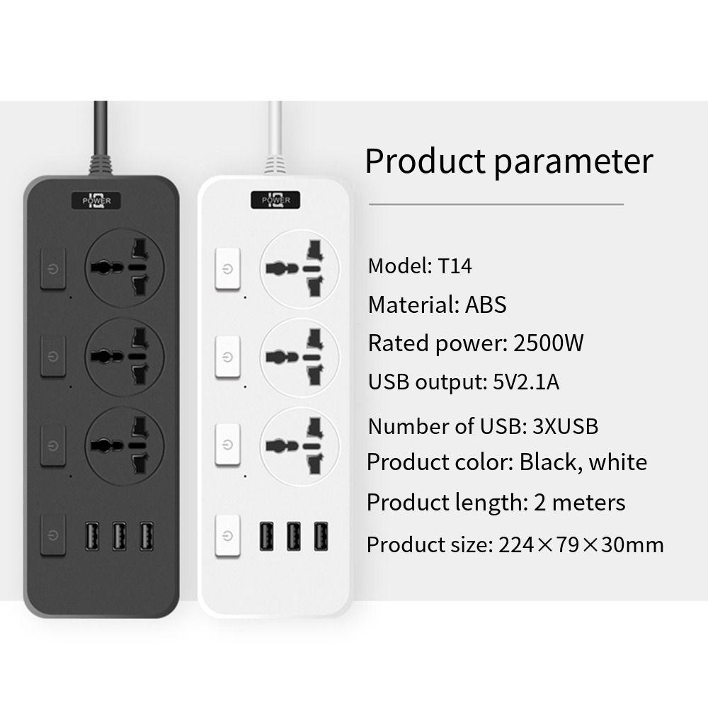 Universal Power Strips 2500W Flat Outlet Extender Cord Durable Electric Plug Socket  Home