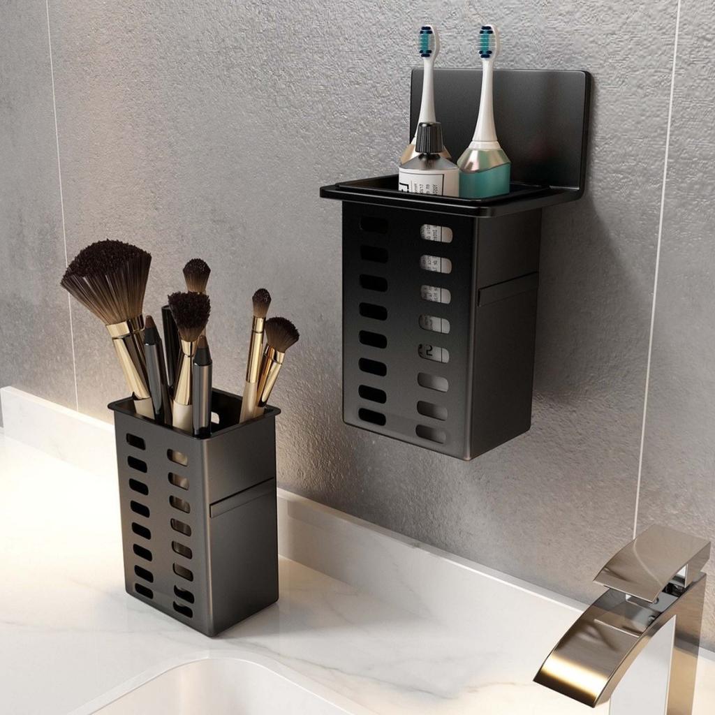 Black Space-Saving Wall-Mounted Bathroom Organizer - No Drilling Required for Toilets and Showers