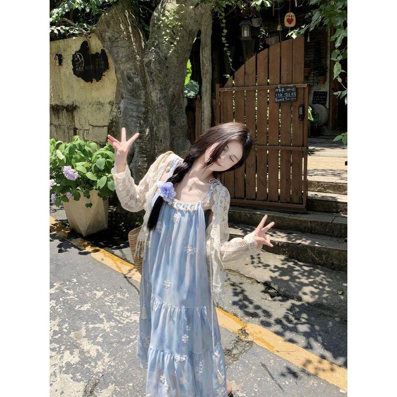 Kumikumi Gentle Suit Women's Three-Dimensional Flower Sling Dress Summer Tassel Sun-Proof Outwear Two-piece Set