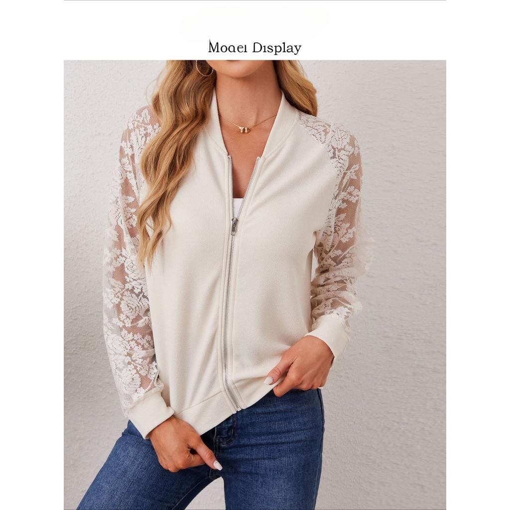 Høst og Vinter Ny Elegant Dame Blonder Spleiset Langermet Baseballkrage Jakke Toppkåpe