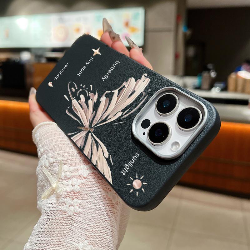 Simple Butterfly Print Shockproof Soft TPU Case For iPhone 16 Pro Max 15 Pro 14 13 12 11 Lens Protection Matte Leather Texture Slim Phone Cover