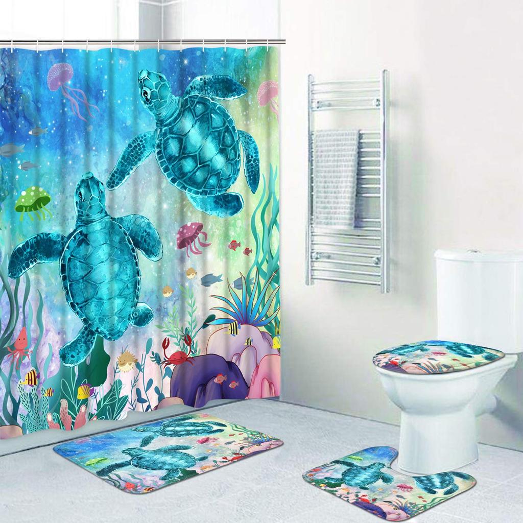 Sea Turtle Shower Curtain Set Non-Slip Rugs Toilet Lid Cover Bath Mat Nautical Ocean Bathroom Curtains Set Durable Waterproof