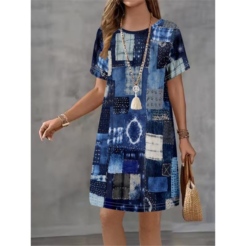 Fashion Trend 3D Imitation Denim Pattern Women's Dress New Summer Street Denim Flower Print Short Sleeve Loose Casual Mini Dress
