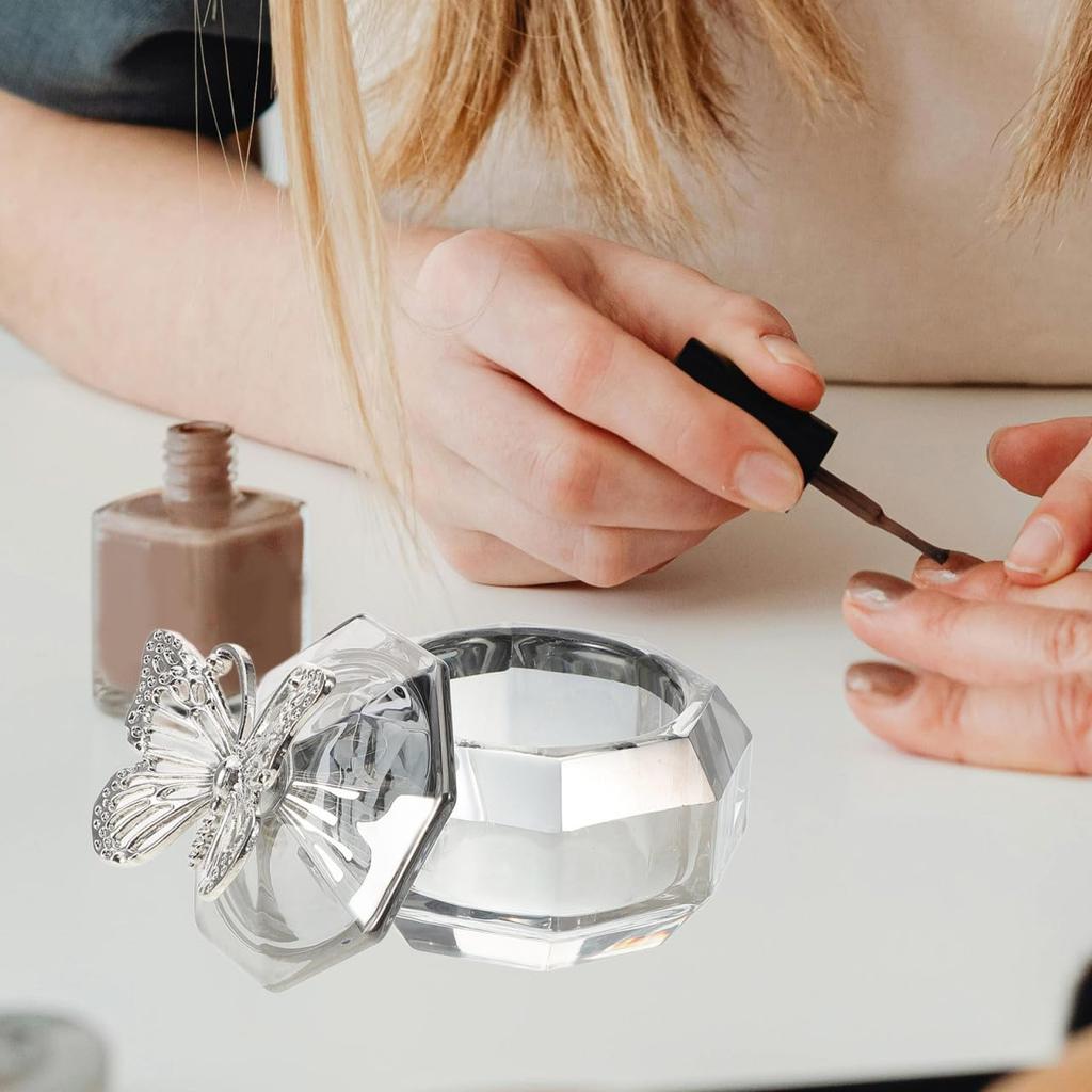 Glass Nail Dappen Cup with Butterfly Lid, Glass Nail Cup Nail Art Glass Dappen Dish Powder Crystal Cup for Mixing Powder Nail Art Manicure Tools