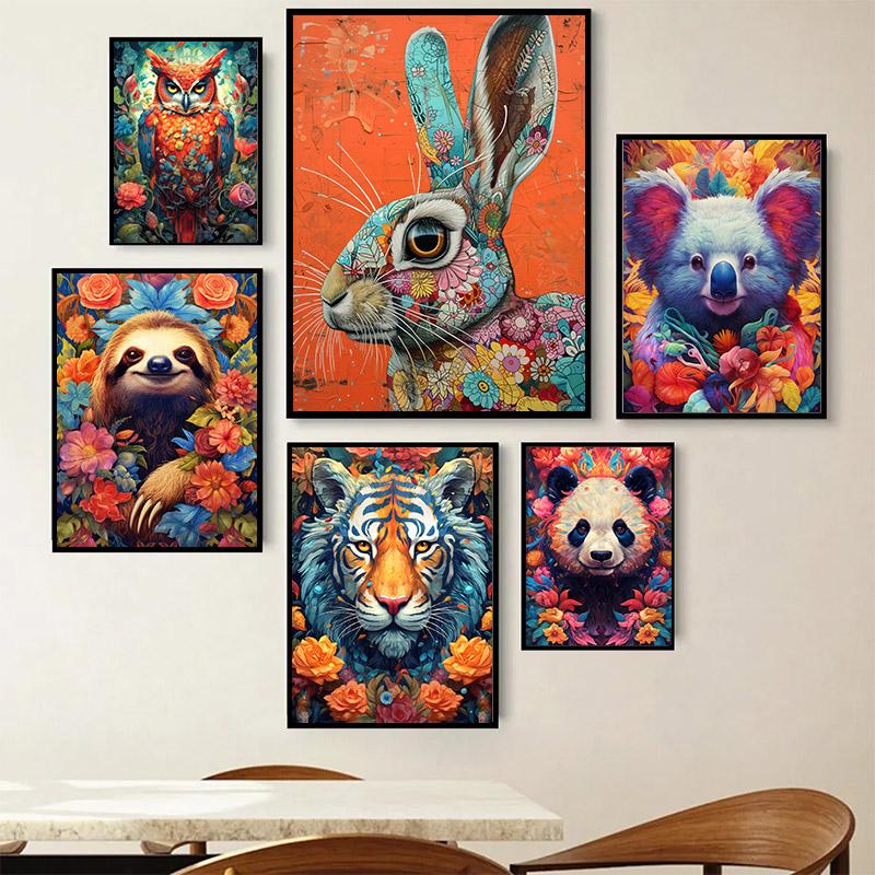 Portrait Floral Animal Portrait Panda Koala Owl Tiger Rabbit Art Posters Canvas Painting Wall Prints Picture for Room Home Decor