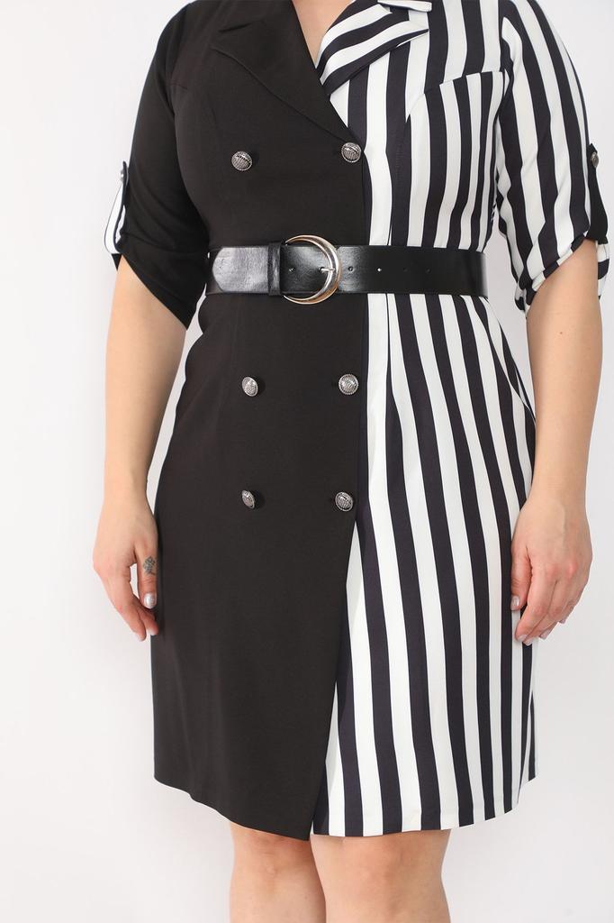 Damen Übergröße Kleid Schwarz Zweireihiger Kragen Gestreiftes Muster Zierknopfkleid