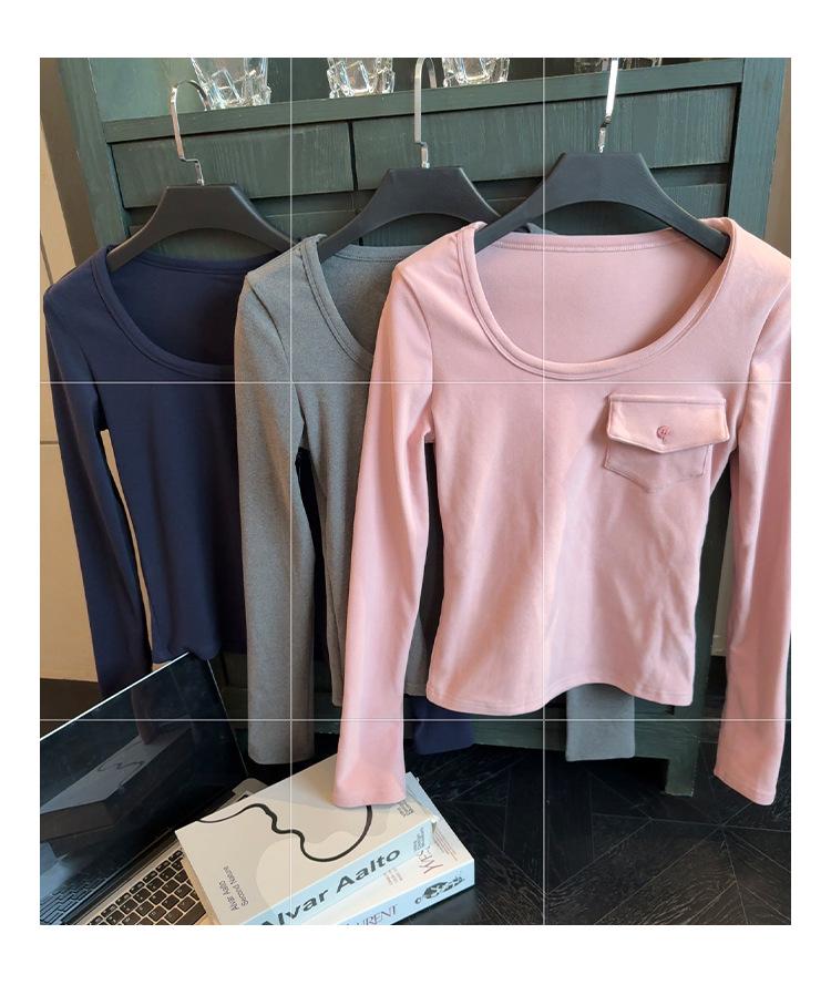 Korean Style Pink U-Neck Slimming Long-Sleeve Women's Base Layer Top for Autumn/Winter
