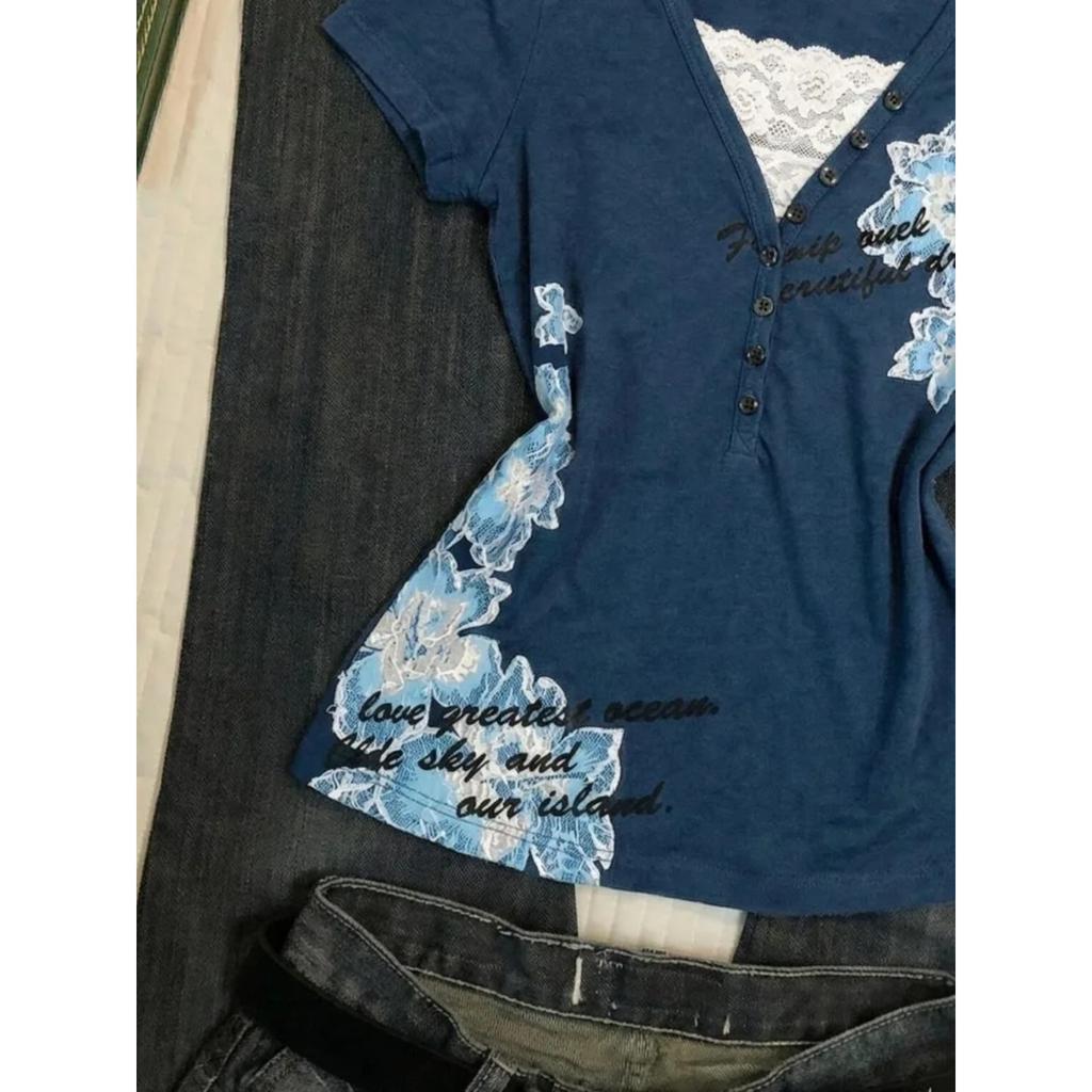 TrendHub Women American Vintage Flower Print T-shirt Summer Grunge Retro Slim Fit Tees Y2K Harajuku Grunge Short Sleeve Hot Girl Tops New